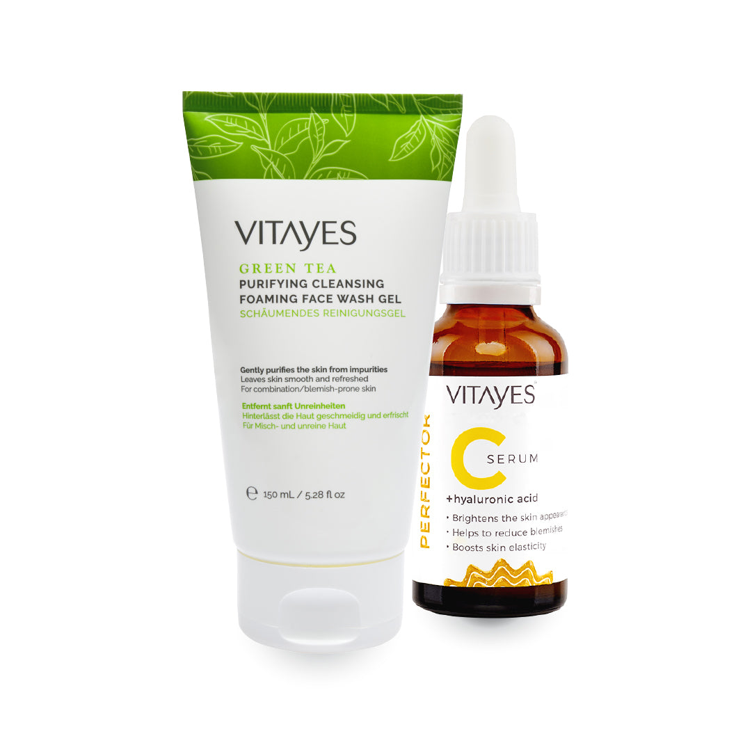 Vitamin C Hyaluronic Acid Anti-Blemish Skin Serum & Green Tea Facial Cleansing Gel Advantageous Set