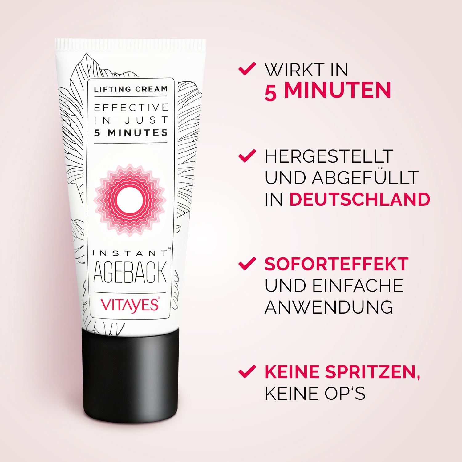 Instant Ageback Lifting-Creme gegen Tränensäcke und Falten von Vitayes, klinisch bestätigt, zeigt die Creme in der Anwendung.