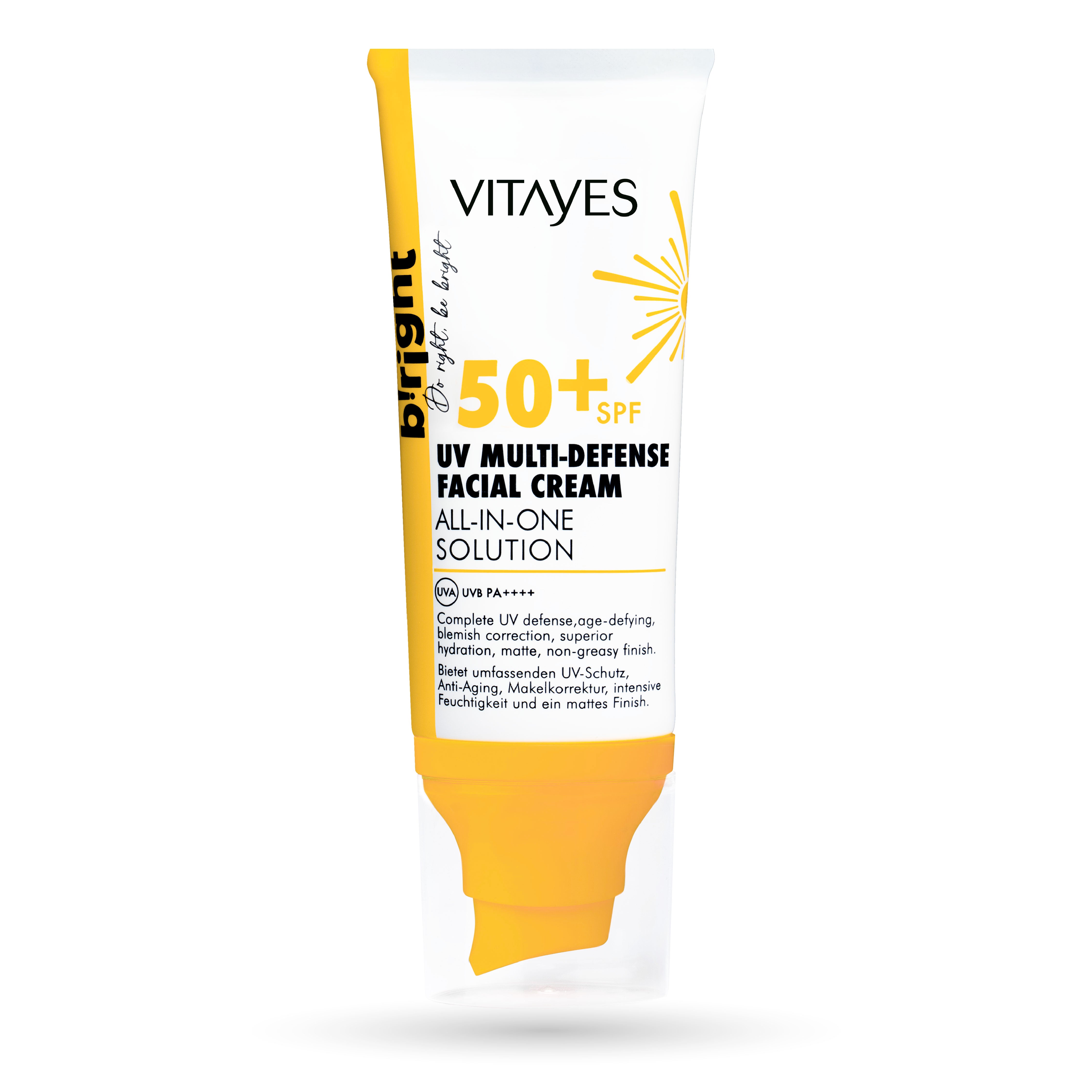 b!right Hydra Defense SPF 50+ Glättender und mattierender UV-Schutz von Vitayes, flüssige Textur, für gepflegte Haut