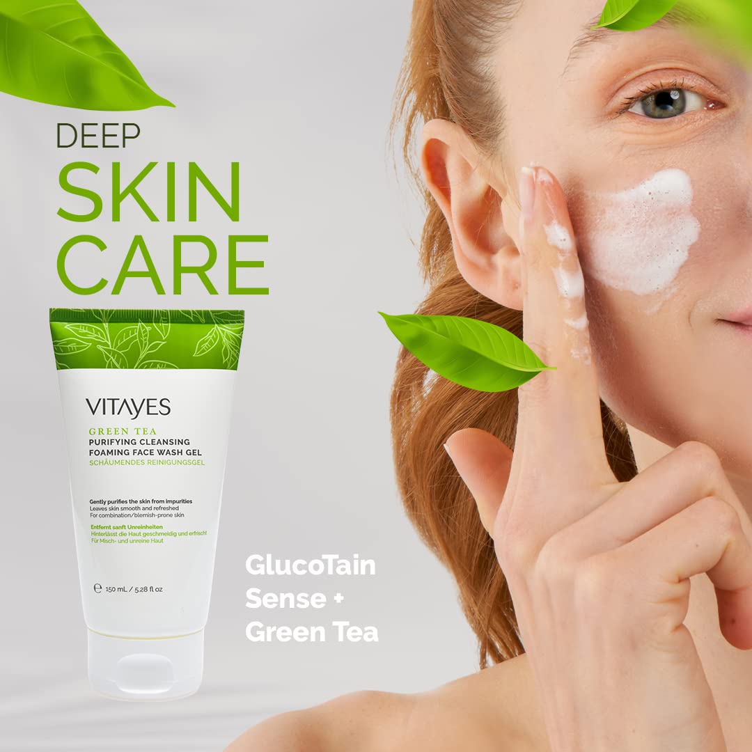 Vitayes Green Tea Face Wash Gel, erfrischendes Gesichtswaschgel für eine gründliche und schonende Gesichtsreinigung