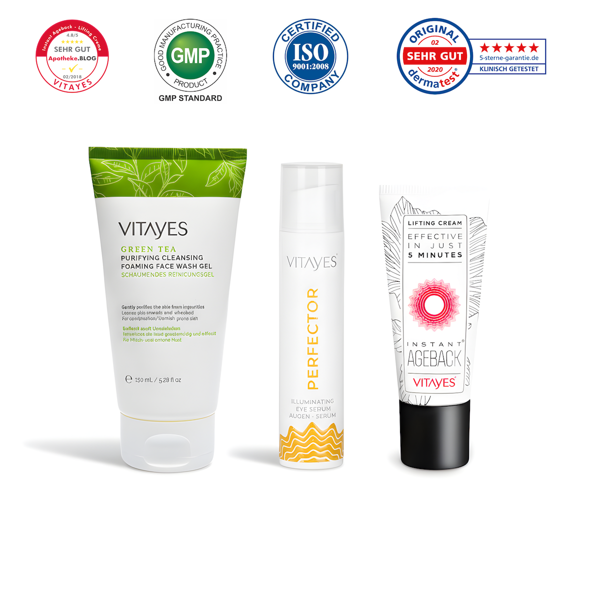 Vitayes Instant Ageback™ Beauty Glow Set mit weißen Hintergrund, enthält Pflegeprodukte für strahlende Haut.
