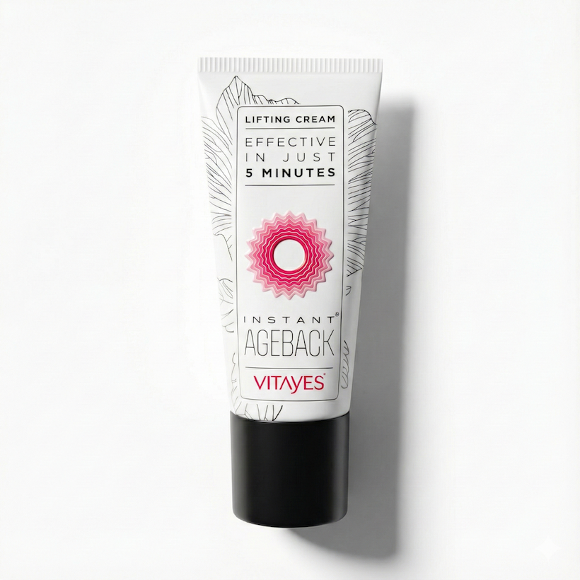 Instant Ageback Lifting-Creme in weißer Tube gegen Tränensäcke und Falten, klinisch bestätigt, von Vitayes.