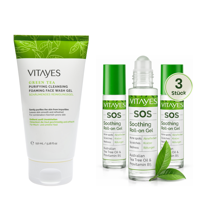 Green Tea Schäumendes Reinigungsgel 150 ml und SOS Teebaumöl Roll-On 3 x 10 ml Set